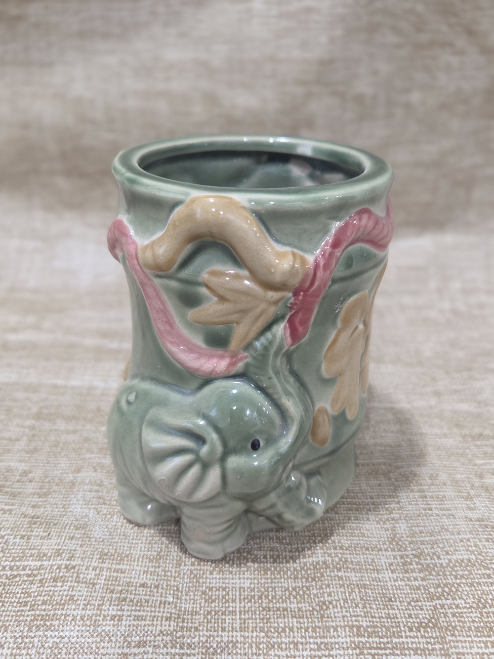 Vintage ceramic planter green glaze small elephant trunk Up